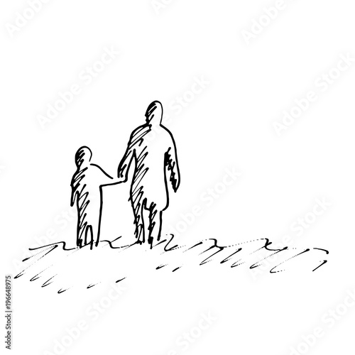 father and son with copyspace vector illustration sketch hand drawn with black lines isolated on white background