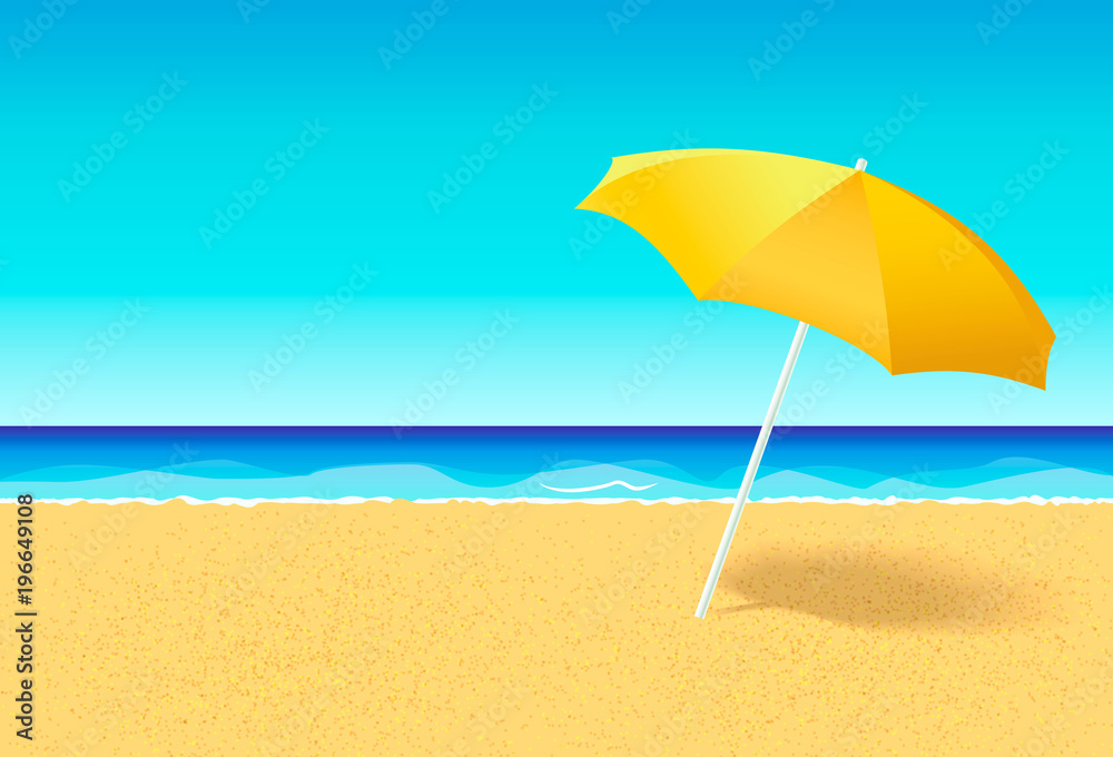 Beach umbrella on a deserted beach near ocean. Vacation flat vector concept. Empty beach without people with parasol and blue sky at sea background. Horizontal poster, banner or flyer for a holiday