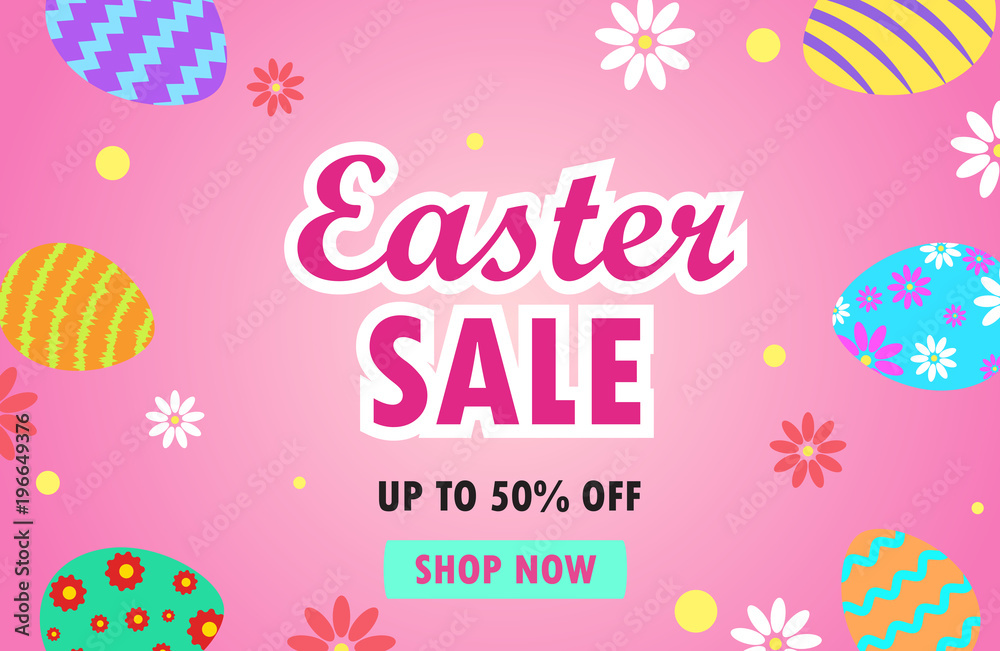 Vector illustration of easter sale banner with colorful easter eggs on pink background
