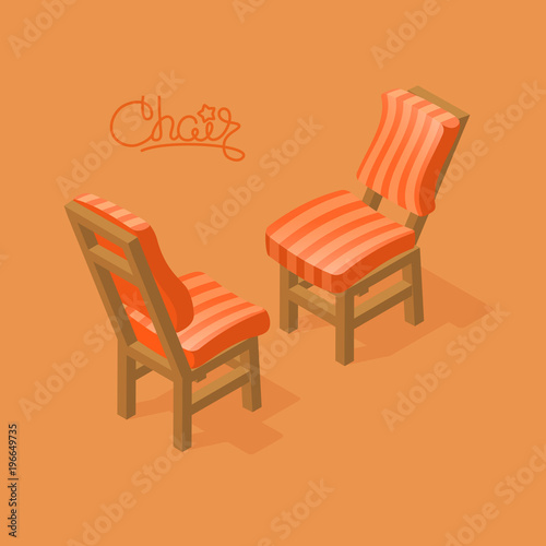 Vector illustration of isometric cartoon chair. Front and back.