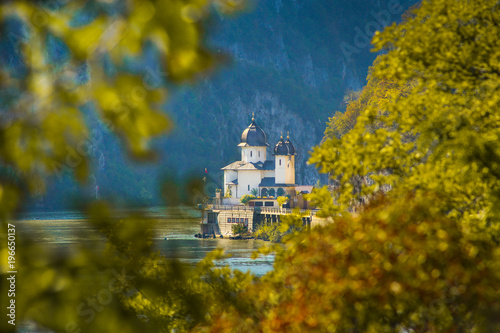 Autumn scenery landscape with Mraconia Monastery situated on the banks of Danube in Mehedinti county, Romania