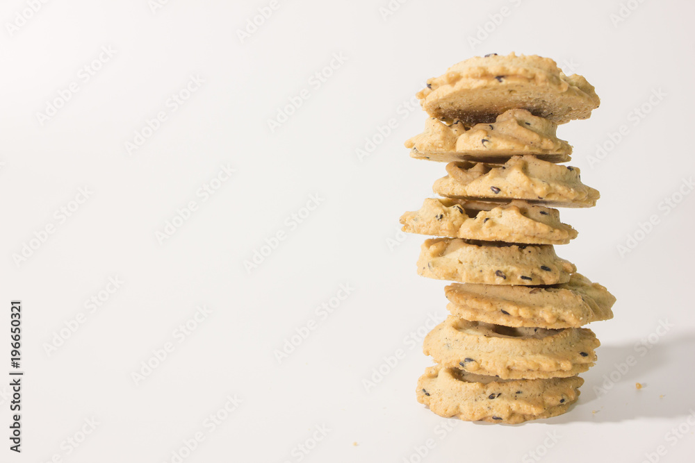 Closeup stack of cookies isolated on white background. Closeup stack of cookies isolated on white background.
