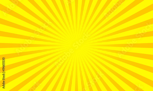 Yellow sunbeams or sun rays background with dots pop art design. Vector abstract background with dispersive, divergent halftone light beams