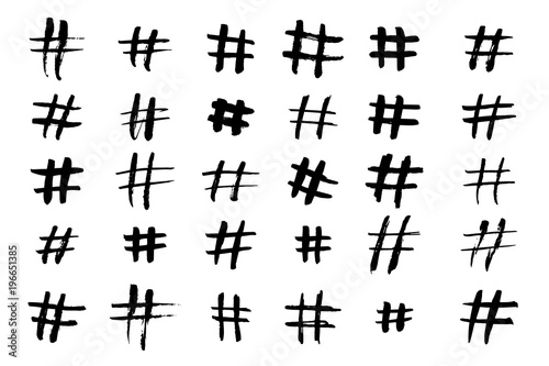 Hashtag vector hand drawn icons set for social network or internet application. Hashtag ink paint brush stroke line symbols isolated on white background