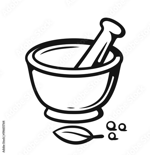 Mortar and Pestle with spices outline style.