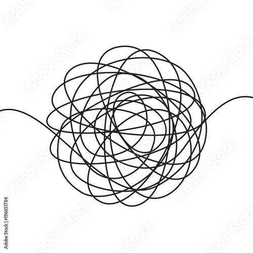 Hand drawn scrawl sketch or black line spherical abstract scribble shape. Vector chaotic doodle circle drawing circles or thread clew isolated on white background