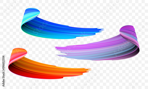 Acrylic paint brush stroke. Vector bright orange, velvet or purple and blue gradient 3d paint brush with vibrant texture on transparent background. Creative concept of digital painted color stroke