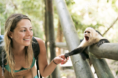 curious monkey holding woman hand in forest photo