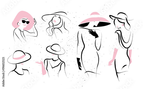 Vector artistic hand drawn stylish young lady portrait set isolated on white background. Fashion girl model icon. Woman in hat. Beauty illustration, logo design. Fashion poster, placard, banner.