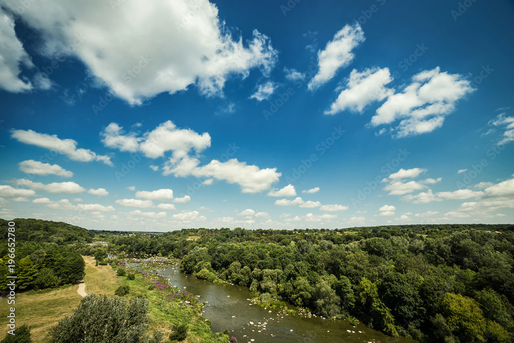 beautiful summer landscape with river Southern Bug and blue sky in Vinnitsa, Ukraine
