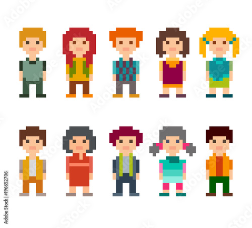 Set of different pixel art 8-bit people characters.