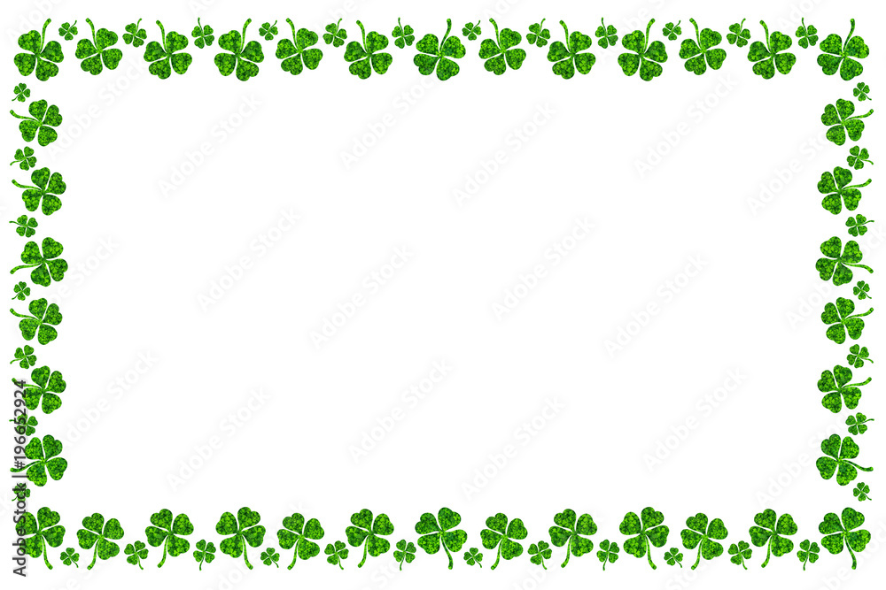 Beautiful St. Patrick's Day Postcard / Wishes Card with Shamrock or 4-Leaf Clover Frame, Isolated on White Background with Clipping Path or Selection Path Included.