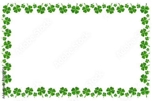 Beautiful St. Patrick s Day Postcard   Wishes Card with Shamrock or 4-Leaf Clover Frame  Isolated on White Background with Clipping Path or Selection Path Included.
