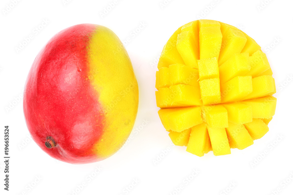 Mango fruit and half isolated on white background close-up. Top view. Flat lay Mango fruit and half isolated on white background close-up. Top view. Flat lay