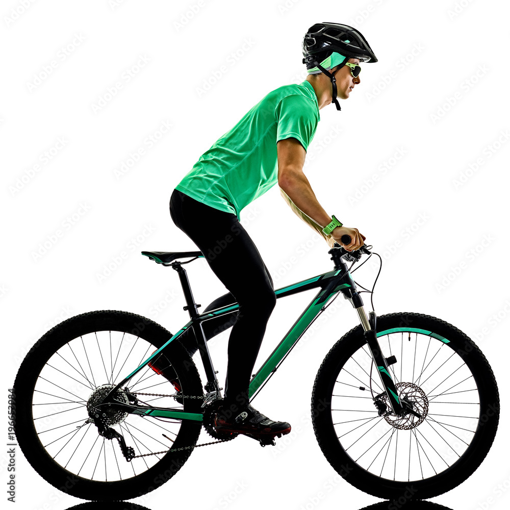 Naklejka premium one caucasian man practicing man mountain bike bking isolated on white background with shadows