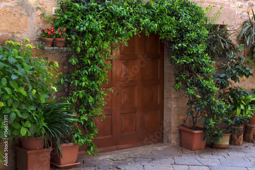 Beautiful medieval town of narrow streets and charming porch in Pienza,Italy