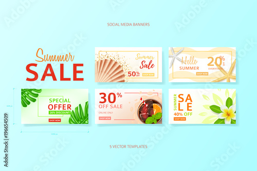 Collection of social media banners for summer sale. Vector illustration with realistic tropical summer fruit. Web banners templates for promotion in online social communities.