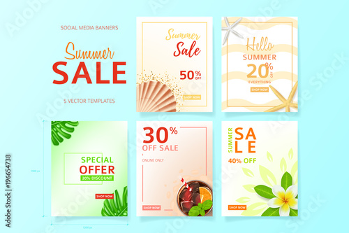 Collection of social media banners for summer sale. Vector illustration with realistic tropical summer fruit. Web banners templates for promotion in online social communities.
