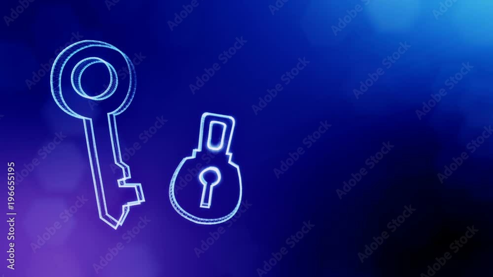 icon of key and lock. Background made of glow particles as vitrtual hologram. 3D seamless animation with depth of field, bokeh and copy space. Blue color v2. icon of key and lock. Background made of glow particles as vitrtual hologram. 3D seamless animation with depth of field, bokeh and copy space. Blue color v2.