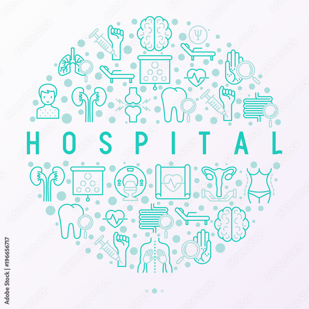 Hospital concept in circle with thin line icons for doctor's notation: neurologist, gastroenterologist, manual therapy, ophtalmologist, cardiology, allergist, dermatologist. Vector illustration.