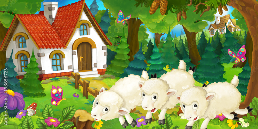cartoon scene with happy and funny sheep near farm house in the forest - illustration for children cartoon scene with happy and funny sheep near farm house in the forest - illustration for children