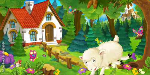 Fototapeta Naklejka Na Ścianę i Meble -  cartoon scene with happy and funny sheep running and jumping near farm house in the forest - illustration for children
