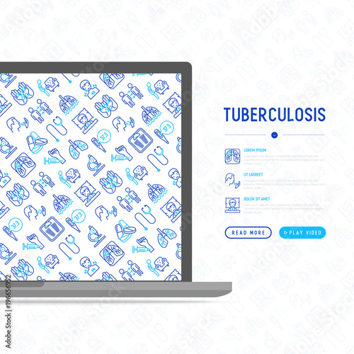 Tuberculosis concept with thin line icons  infection in lungs  x-ray image  dry cough  pain in chest and shoulders  Mantoux test  weight loss. Vector illustration for banner  web page  template.