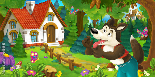 cartoon scene with wolf in the forest near beautiful wooden farm house - illustration for children