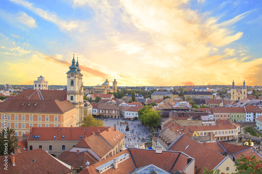 Beautiful view of the Minorit church and the panorama of the city of Eger, Hungary, at sunset