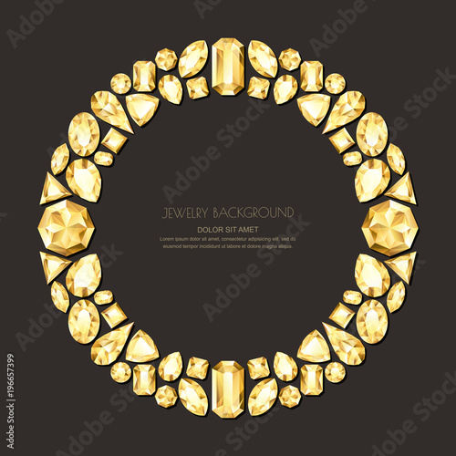 Vector round frame from realistic golden gems and jewels on black background. Shiny diamonds jewelry design elements.