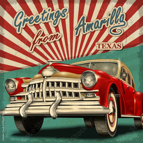 Vintage touristic greeting card with retro car.Amarillo.Texas.
