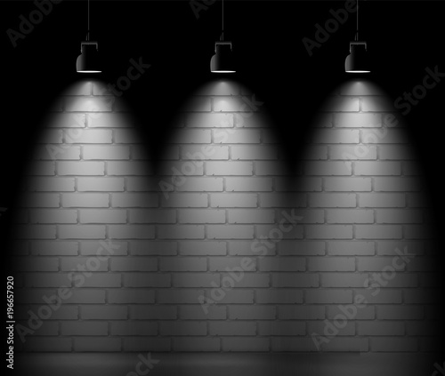 Brick wall background with three light spot. Vector scene.