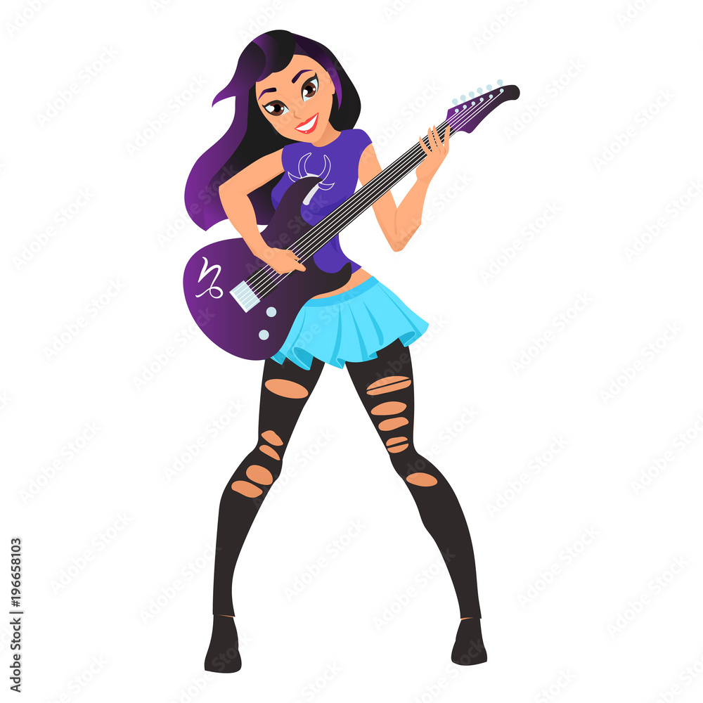 Girl guitarist, musician. Character representing Capricorn for a modern horoscope. EPS10 vector illustration. Girl guitarist, musician. Character representing Capricorn for a modern horoscope. EPS10 vector illustration.