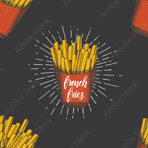 Seamless pattern with hand drawn french frie. Fast food background. Design for menu, advertising and banners. Sketch. Pattern can be used for wallpaper, web page background, textures.