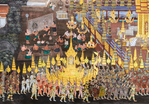 Mural fresco of Ramakien epic at the Grand Palace in Bangkok, Thailand photo