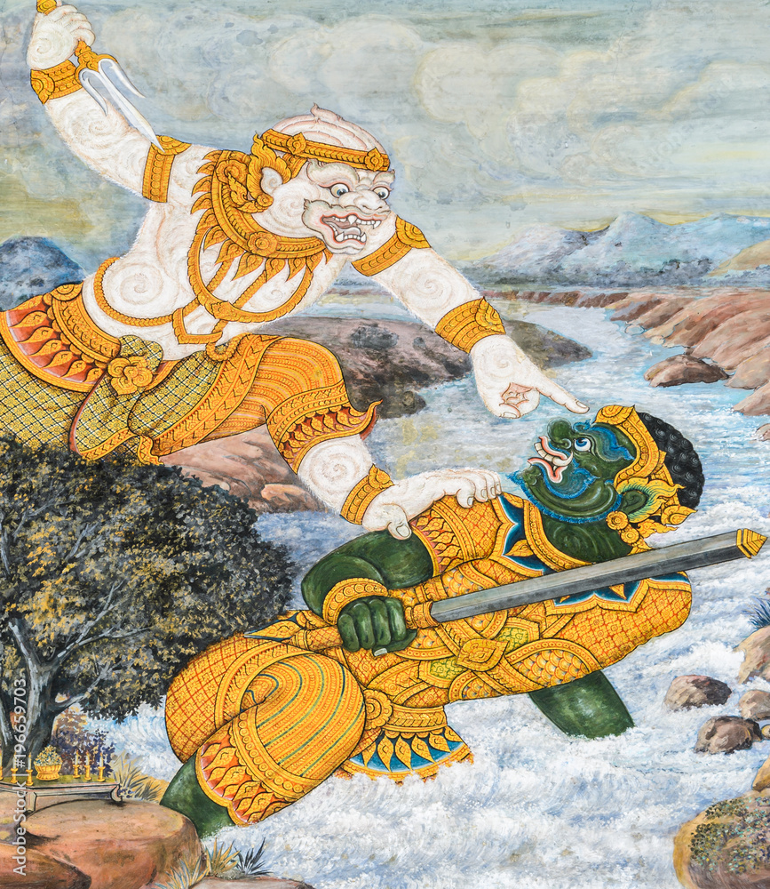 Naklejka premium Mural fresco of Ramakien epic at the Grand Palace in Bangkok, Thailand