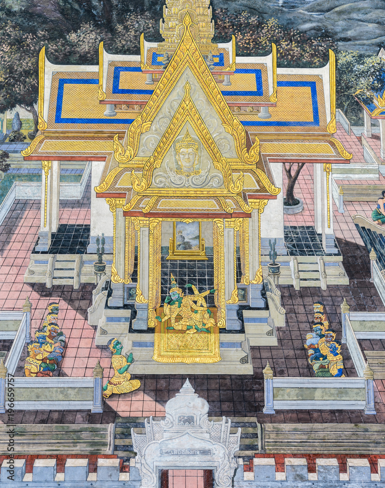 Naklejka premium Mural fresco of Ramakien epic at the Grand Palace in Bangkok, Thailand