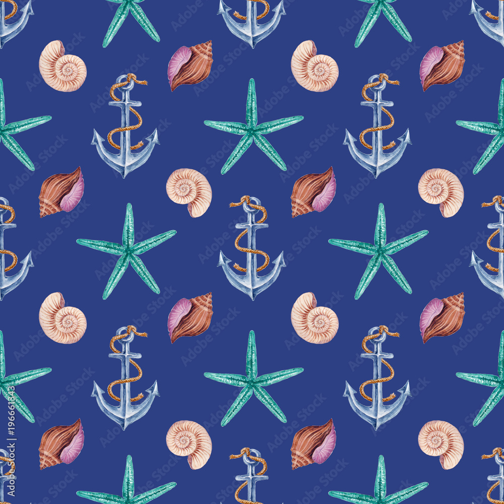 Watercolor hand-drawn texture (pattern) with marine elements on dark blue background Watercolor hand-drawn texture (pattern) with marine elements on dark blue background