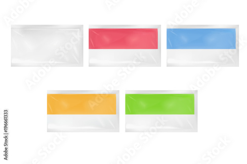 White, yellow, blue, green, red polyethylene template sachet, for design.