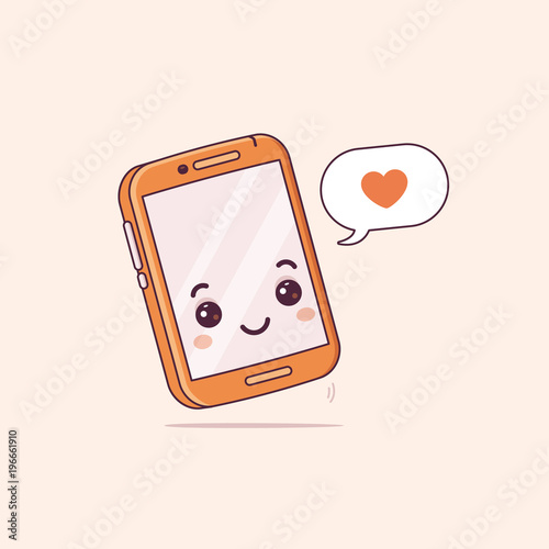 Cute kawaii style smartphone character showing like notification in message bubble