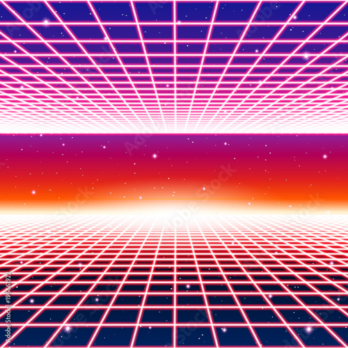 Retro neon background with 80s styled laser grid and stars