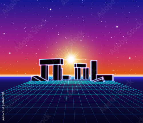 Neon landscape with 80s retro wave game style