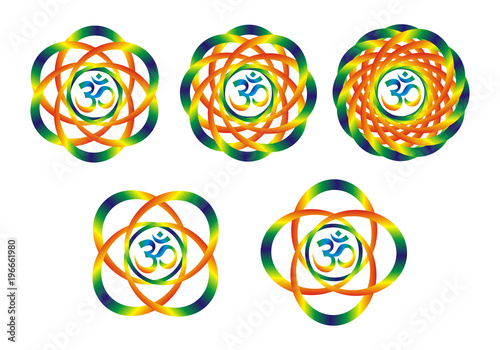 Five rainbow mandalas with a sign of Aum  Om . Abstract artistic object. Spiritual symbol.