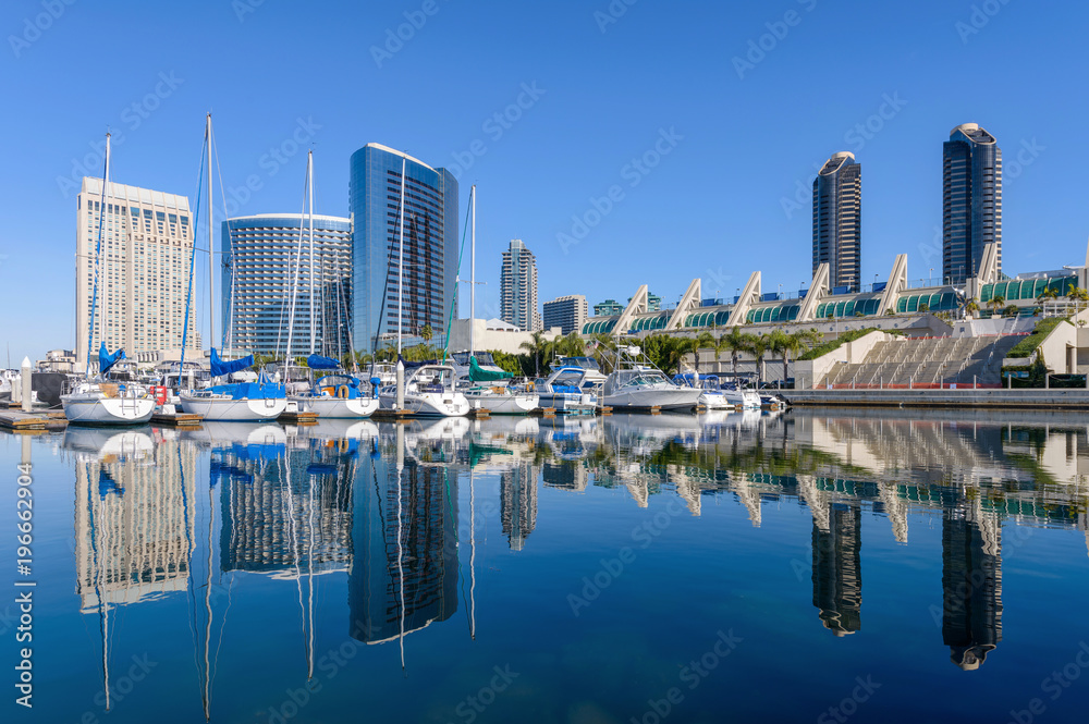 San Diego Marina - A panoramic morning view of San Diego Marina, surrounded by modern high-rising buildings, at side of San Diego Bay in Marina District at southwest of Downtown San Diego, California,