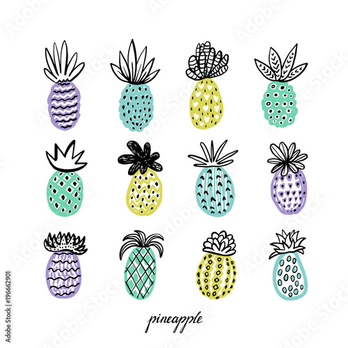 Set of pineapples. Hand drawn Decorative Pinapple with different textures in ...