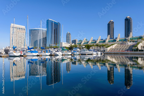 San Diego Marina - A panoramic morning view of San Diego Marina, surrounded by modern high-rising buildings, at side of San Diego Bay in Marina District at southwest of Downtown San Diego, California,