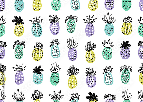 Seamless pineapple pattern. Handdrawn Pinapple with different textures in pas...