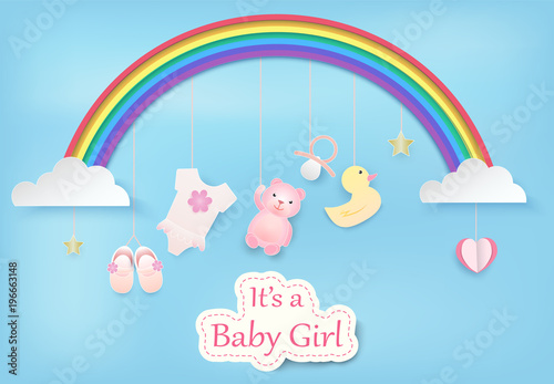 Paper art of rainbow with baby girl shower on blue sky paper cut style illustration