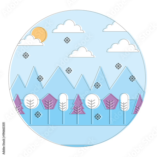 Fototapeta Naklejka Na Ścianę i Meble -  landscape winter season snow mountains forest sun clouds round design vector illustration