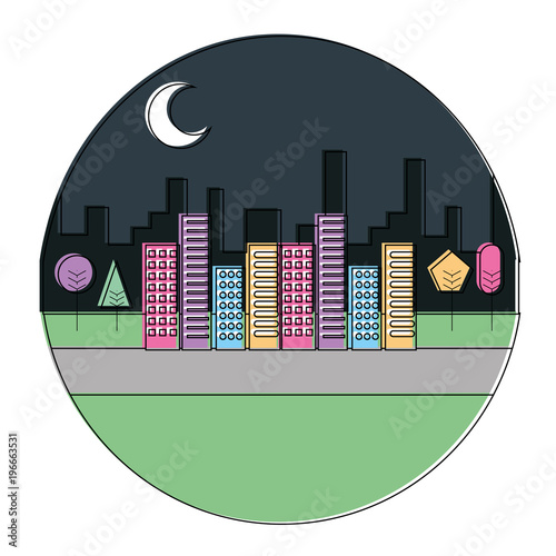 landscape night urban buildings trees moon scenary round design vector illustration